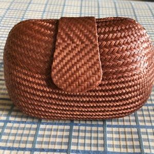 Brown straw mini clutch with chain strap